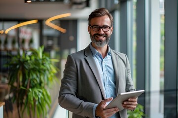 Young smart smiling professional business man, happy confident 30s female company worker or sales manager