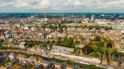 Wall Mural - Ghent, Belgium. Panorama of the central city from the air. Cloudy weather, summer day, Aerial View