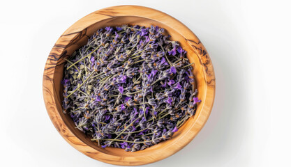 top view of lavender as ingredient in a wooden bowl, white background 