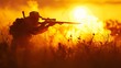 © nuttapong - Silhouette of a soldier aiming a rifle in a fiery field.  The soldier is a powerful and dramatic image.  This is a high-quality stock photo for your next project.