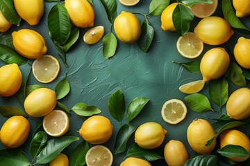 Wall Mural - Lemons with leaves from top view, minimalist summer background with space for text.