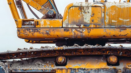 Wall Mural - Yellow Excavator at Construction Site on white background.