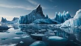 Frozen ice planet with shimmering glaciers and towering ice formations