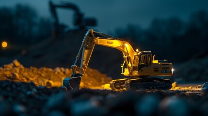 Canvas Print - Yellow Excavator at Construction Site on white background.