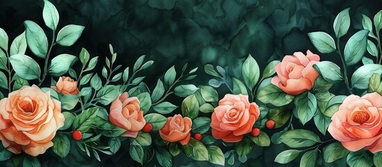 Poster - Watercolor Painting of Peach Roses with Green Leaves