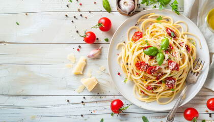 Poster - Spaghetti alla Amatriciana with guanciale, tomatoes and pecorino cheese. Italian healthy food.