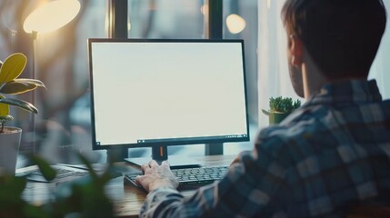 ver shoulder shot of a young man using computer laptop in front of an blank white computer screen in home