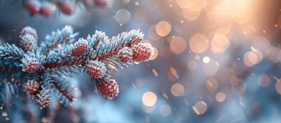 Wall Mural - Winter Wonderland: Frozen Pine Branch with Red Cones