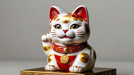 chinese or japanese maneki neko cat figurine with raised paw, lucky, happiness