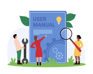 Wall Mural - User manual and FAQ, book with policy documents and instructions to solve problem. Tiny people read guidance handbook with magnifying glass, research answer to question cartoon vector illustration