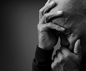 Wall Mural - man praying to god with hands together Caribbean man praying with black background with people stock photo