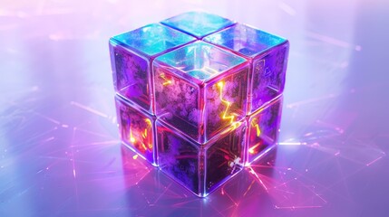 Poster - colorful illuminated cube with vibrant lights and reflections