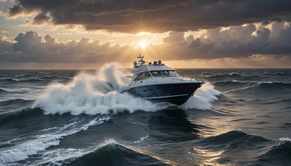 Wall Mural - A high-speed boat maneuvering through choppy waters at dawn, with the first light of day breaking through storm clouds
