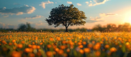 Poster - Solitary Tree in a Field of Golden Flowers at Sunset