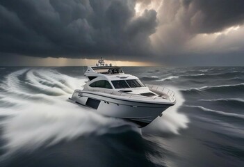 Wall Mural - A high-speed boat maneuvering through choppy waters at dawn, with the first light of day breaking through storm clouds
