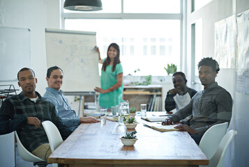 Aufkleber - Presentation, portrait and woman or team building in office for meeting, business or project. Collaboration, brainstorming and group or diversity in conference room for ideas and strategy for company