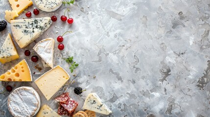 Canvas Print - Assorted cheeses and berries on textured background with space for text