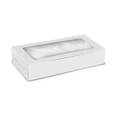 Wall Mural - white blank flat pack paper box with plastic window. realistic 3d vector mock-up. cardboard gift box
