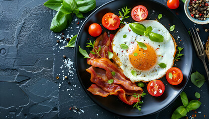 Wall Mural - English breakfast - fried egg, tomatoes and bacon. Top view