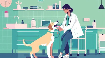 Poster - Female veterinarian using a stethoscope to check a dog's heartbeat in a mint green veterinary clinic. Professional pet care and veterinary services.