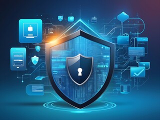 Wall Mural - Padlock shield digital background with blue glowing circuitry. Ideal for cybersecurity concepts, technology themes, and digital protection designs.