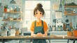 © Thanadol - European female carpenter at workbench, flat design illustration, color ink and pencil, kawaii art