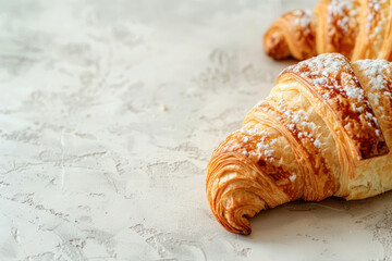 close up horizontal image of classic croissants on a marble surface, copy space