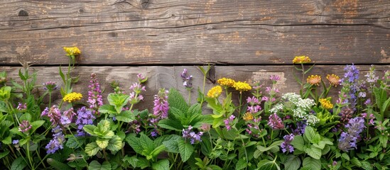 Wall Mural - Wildflowers Blooming Against a Rustic Wooden Background