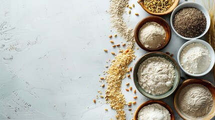 Wall Mural - Seeds and flour in bowls white background space for text