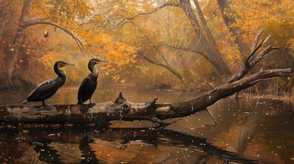 Canvas Print - Two Cormorants on a Log Surrounded by Trees Looking Left