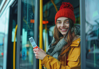 Wall Mural - Happy woman holding a smart card and hanging it on the door of a bus, while entering the city transport with other passengers during a trip to work