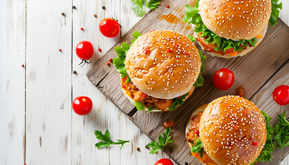 Poster - Juicy spicy chicken burgers to Asian-style - sandwich. Top view