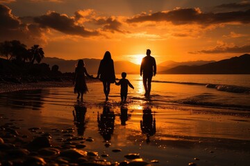 family walking on the beach at sunset