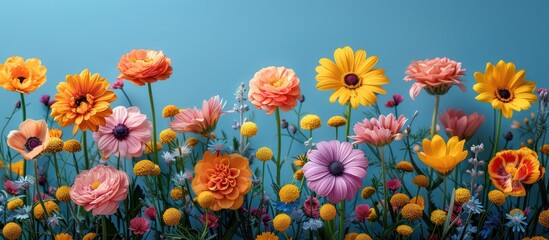 Wall Mural - A Colorful Bouquet of Spring Flowers on a Blue Background