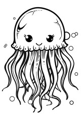 Wall Mural - A cartoon drawing of a jellyfish with long tentacles in black and white