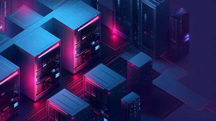Poster - Server room with futuristic neon lighting and equipment.