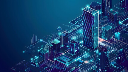 Poster - Futuristic cityscape with glowing blue neon lights and skyscrapers.
