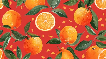 Poster - A seamless pattern of oranges with leaves and orange peels on a red background.