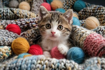 Wall Mural - Cute kitten with colorful wool balls - generative ai