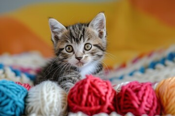 Wall Mural - Cute kitten with colorful wool balls - generative ai