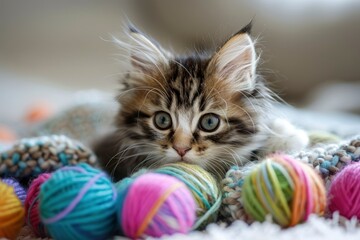 Wall Mural - Cute kitten with colorful wool balls - generative ai