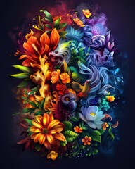 Aufkleber - A colorful flowery design with a bird and a fish. The colors are bright and vibrant, creating a lively and cheerful mood. The image is a work of art, showcasing the beauty of nature