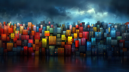 Poster - A colorful cityscape with a blue sky in the background. The buildings are tall and colorful, with some of them being red, yellow, and green. The water in the foreground is calm and reflective