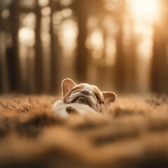 Wall Mural - A dog is laying in the grass with its head down