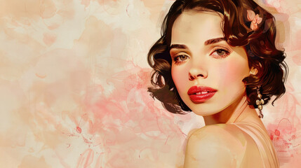 Wall Mural - A woman with dark hair and red lipstick poses in a portrait with a watercolor style background