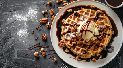 Canvas Print - Cheese pancake with caramel ice cream and nuts for breakfast flat lay composition with copy space