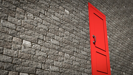 A single bright door in a large wall of a building.