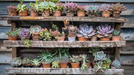 Wall Mural - Arrangement of succulents on wooden rack