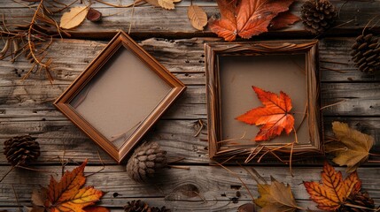 Canvas Print - Autumn themed photo frames with natural elements on wooden boards Blank space for customization