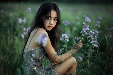 Wall Mural - A woman sits amidst a beautiful purple flower field